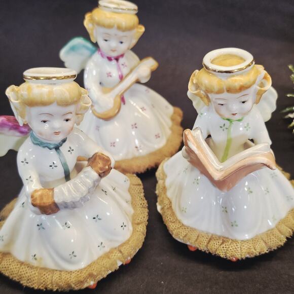 3 Vintage Christmas Angels Figurines Instruments Ucagco Japan Netting Trim - Picture 10 of 13